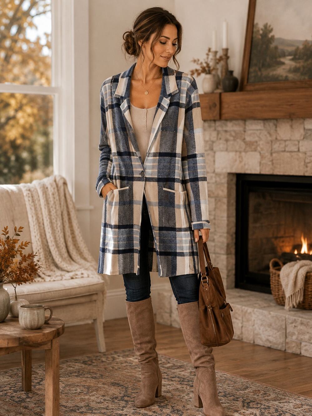 Women’s Plaid Sweater Blazer Cardigan Longline Blue Gray M/L